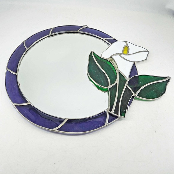 Artisan Other - Vintage Purple Slag Stained Glass Framed Mirror w Iris flower Detail 11 X 13